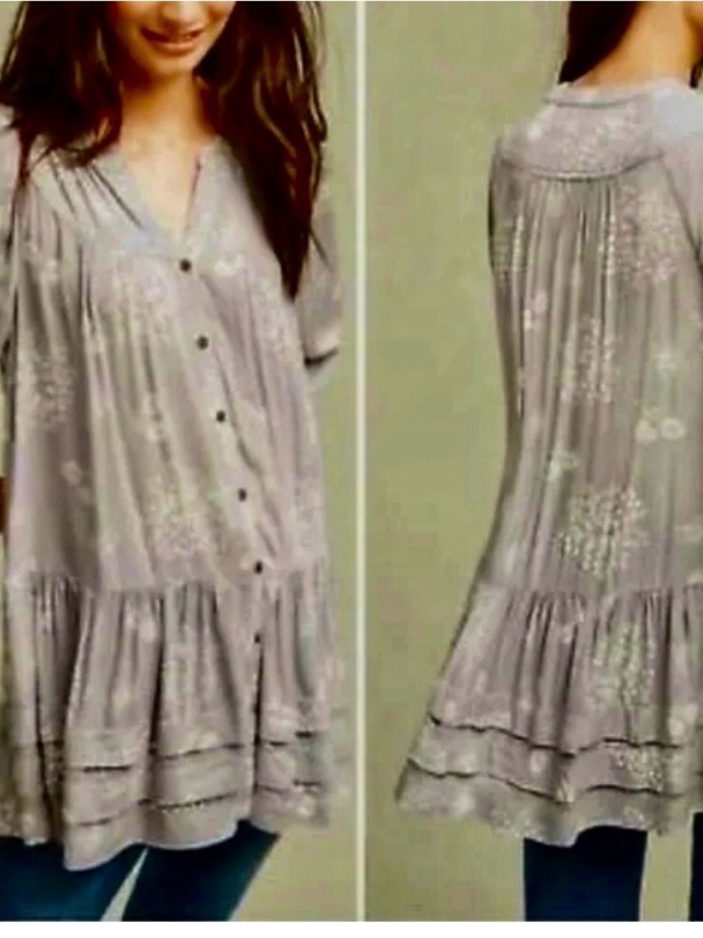 Anthropology Holding Horses , Pavan peasant tunic top Light Gray Floral Button